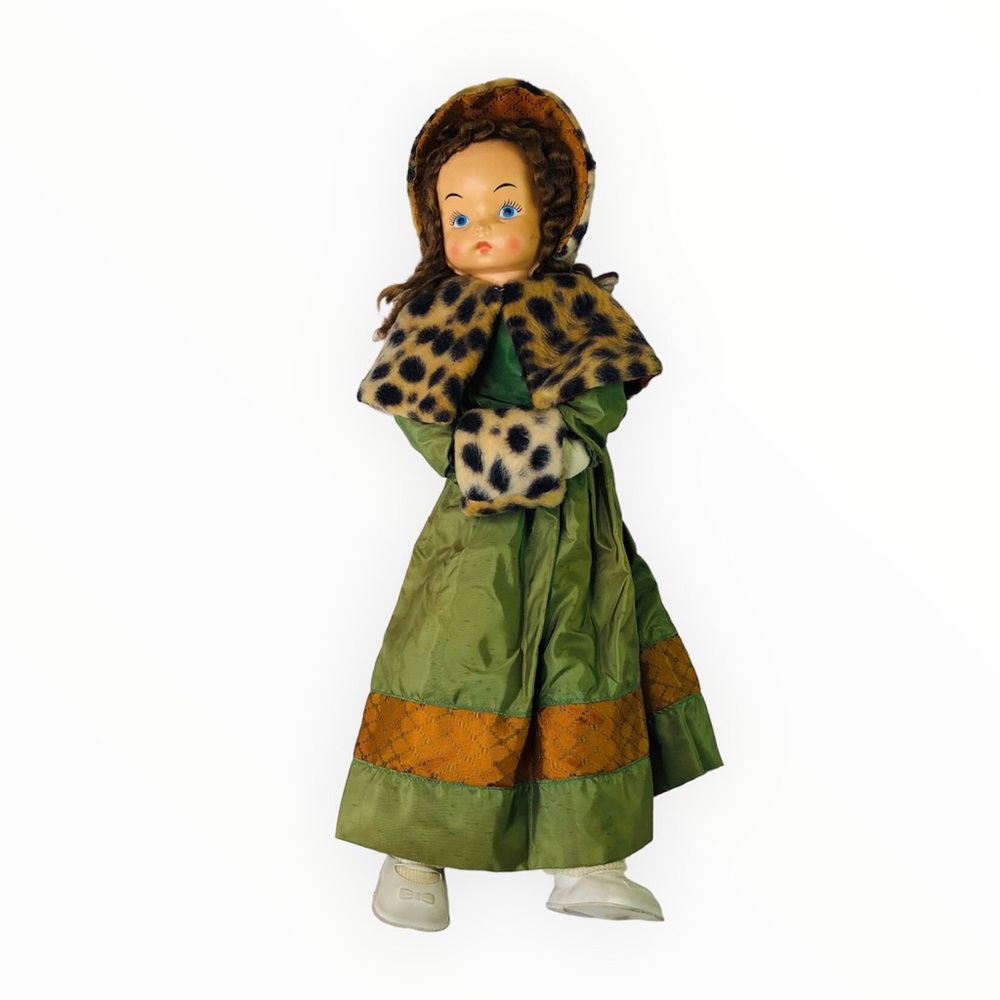 Vintage Holiday Doll Winter Long Dress 21" Doll Sheet Face Hat Cape Curly Hair